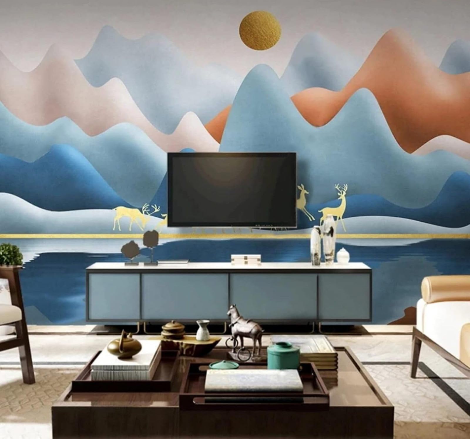 Ink Landscape Reindeer Colourful Mountains 3D Wallpaper Easy Install Feature Office Living Room Sofa Bedroom TV Background Wall Decoration-350cm×256cm