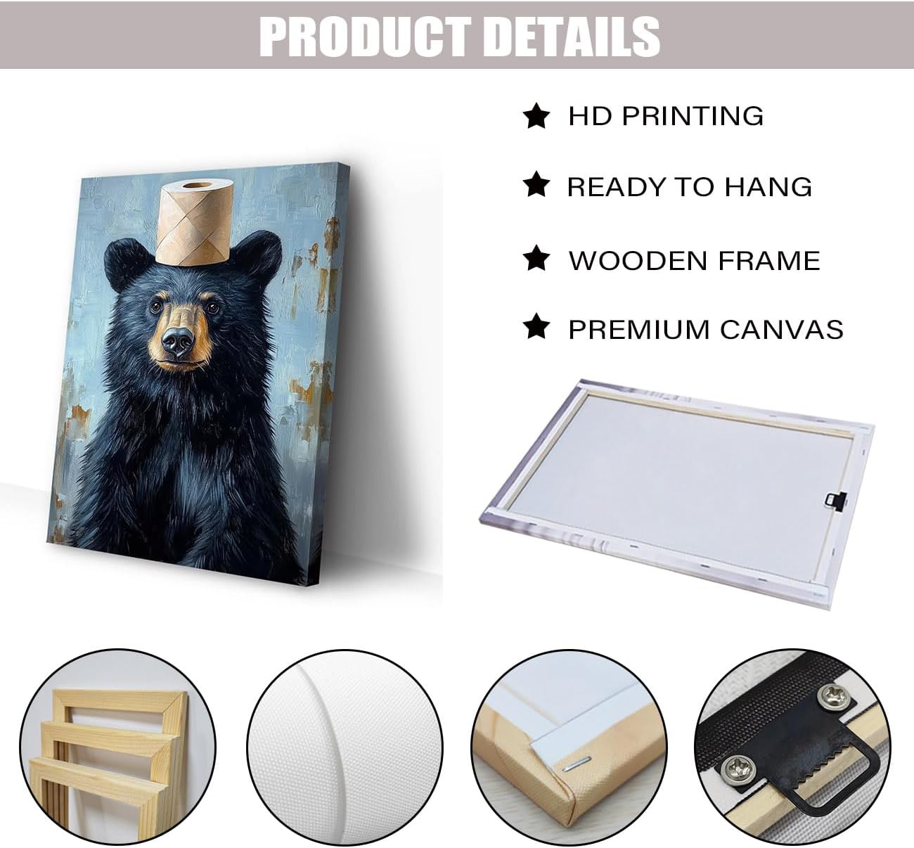 CCWACPP Bathroom Bear Wall Art Funny Bathroom Pictures Black Bear with Paper Print Bathroom Animal Canvas Restroom Toilet Decor Framed (16.00" x 24.00")