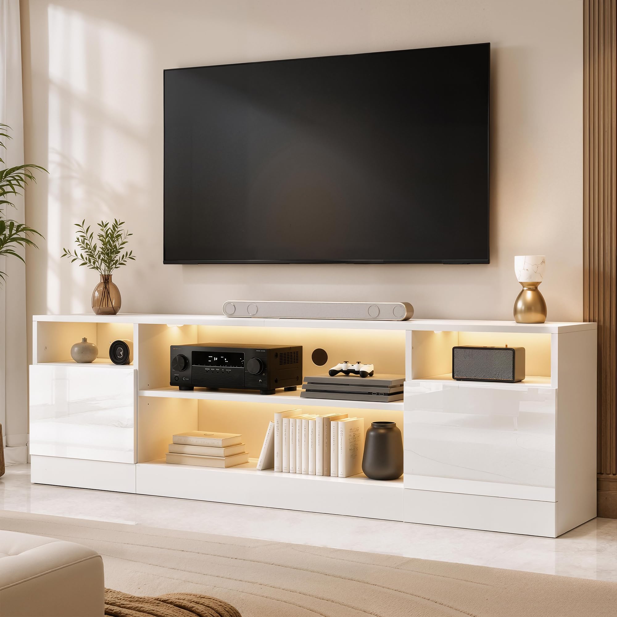 High-Gloss TV Console with LED Lights, 70 Inches