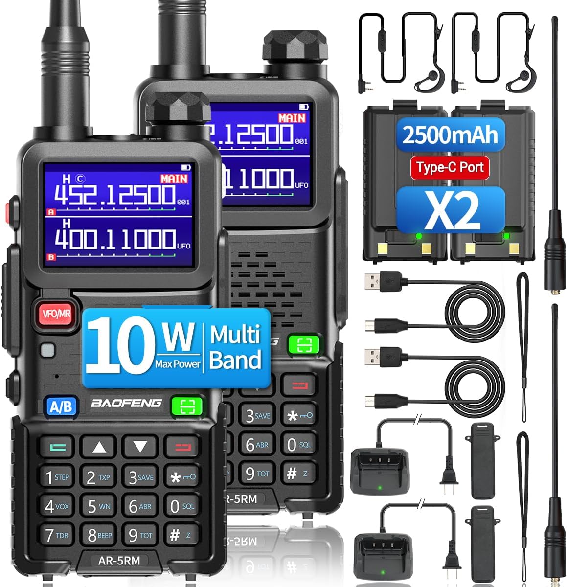 BAOFENG 5RM 10W Ham Radio Long Range AR-5RM GMRS Radio Handheld Two Way Radio NOAA Weather Receiver Rechargeable Long Range Walkie Talkies Copy Frequency 999CH with Type-C Charging Battery (2 Pack)