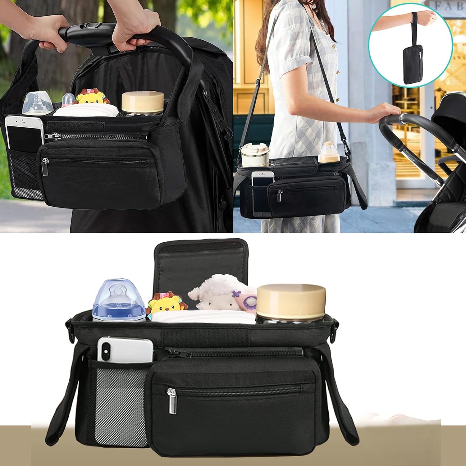 Organizador de cochecito universal con portavasos aislado, portavasos, bolsa para cochecito Accesorios para niños con bolsillo con cremallera, correa para todos
