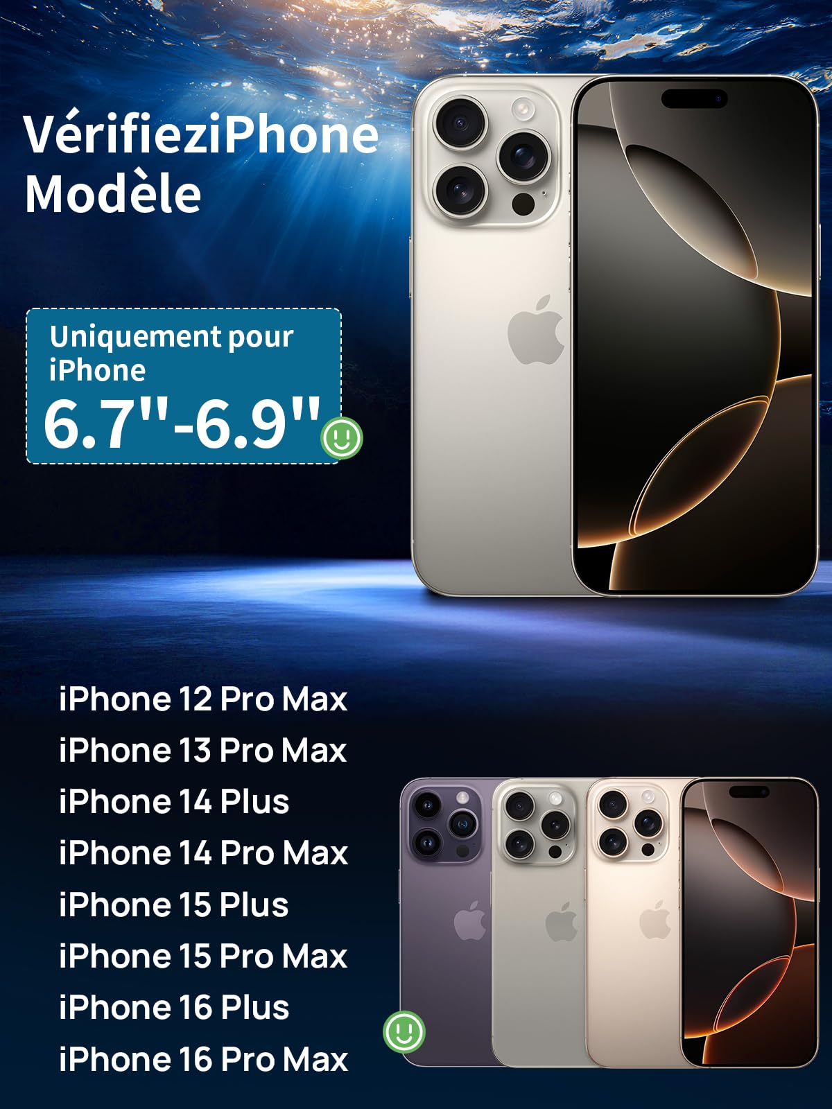 Lanhiem Coque Étanche 15M pour iPhone 16 Pro Max 16 Plus/15 Pro Max 15 Plus/14 ProMax 14 Plus/13 ProMax/12 ProMax, IPX8 Pochette Téléphone Étanche Plongée pour iPhone 12 à 16 (6.7-6.9''), Noir