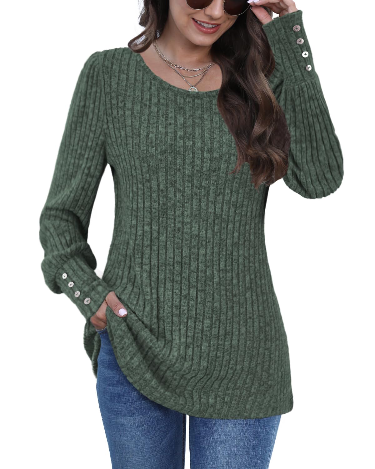 Lylinan Womens Ribbed Knit Long Sleeve Tops Casual Button Cuff Pullover Sweaters Blouses S-XXL