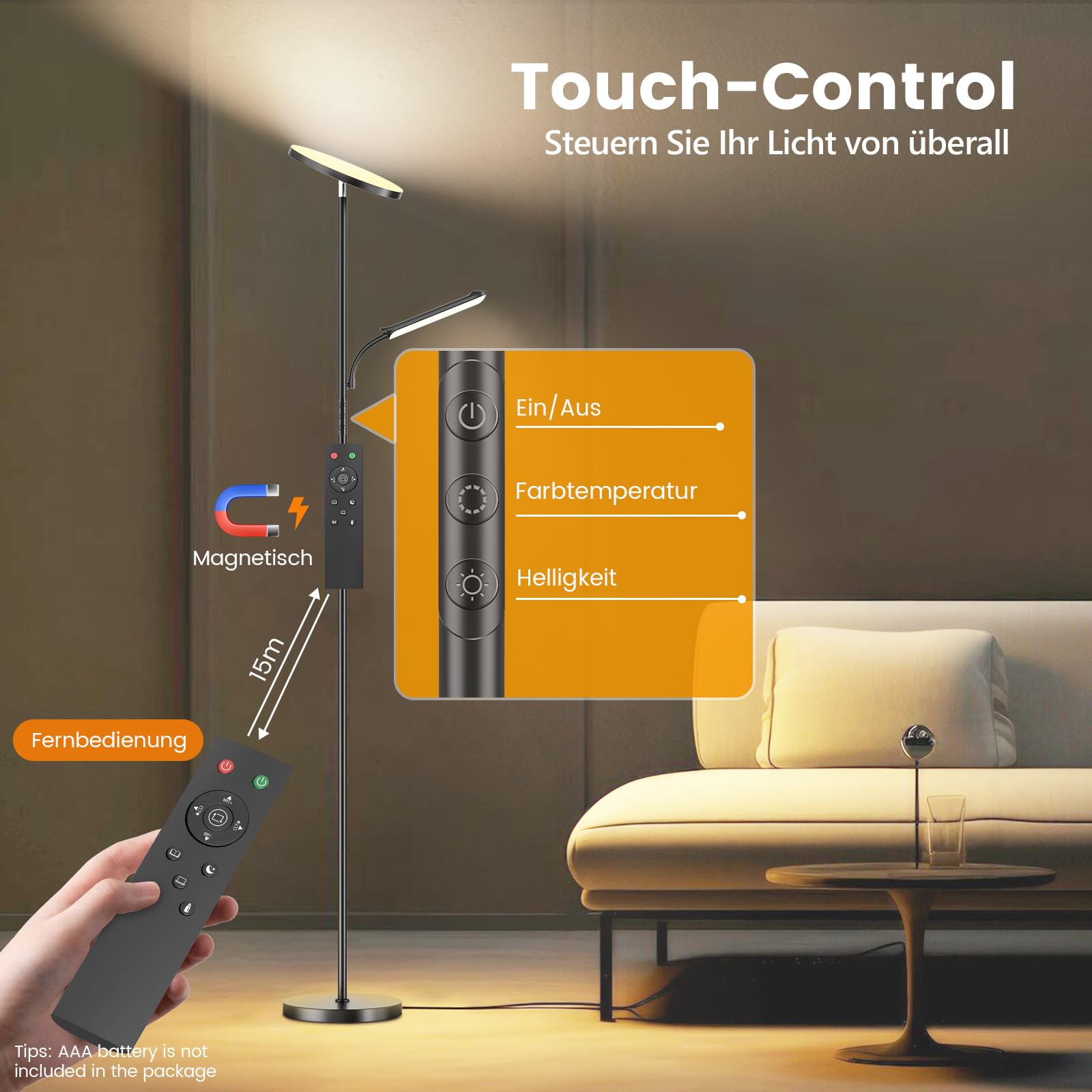 Stehlampe Wohnzimmer, 42W Deckenfluter mit Leselampe Dimmbar, 4200LM Stehlampe mit 2700K-6500K Farbtemperatu, Moderne Standleuchte mit Fernbedienung & Touch-Steuerung für Wohnzimmer Schlafzimmer