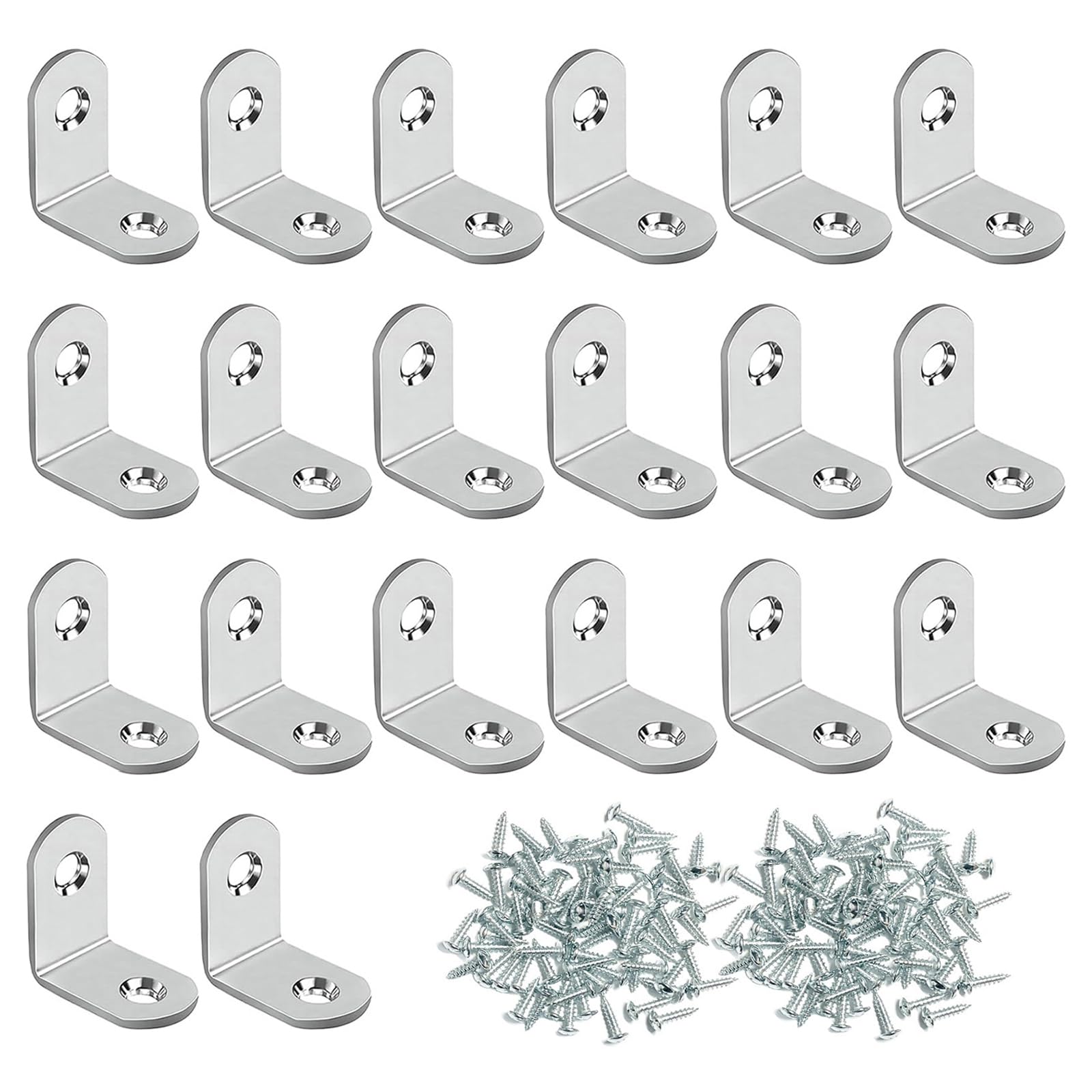 Ldzzuo 20 Pcs Angle Brackets, 90 Degree L Brackets for Wood, Corner Brace with 40 Screws, Stainless Steel Shelf Bracket for Fixing and Repairing Furniture (Silver, 25x25x16mm, 2 Holes)