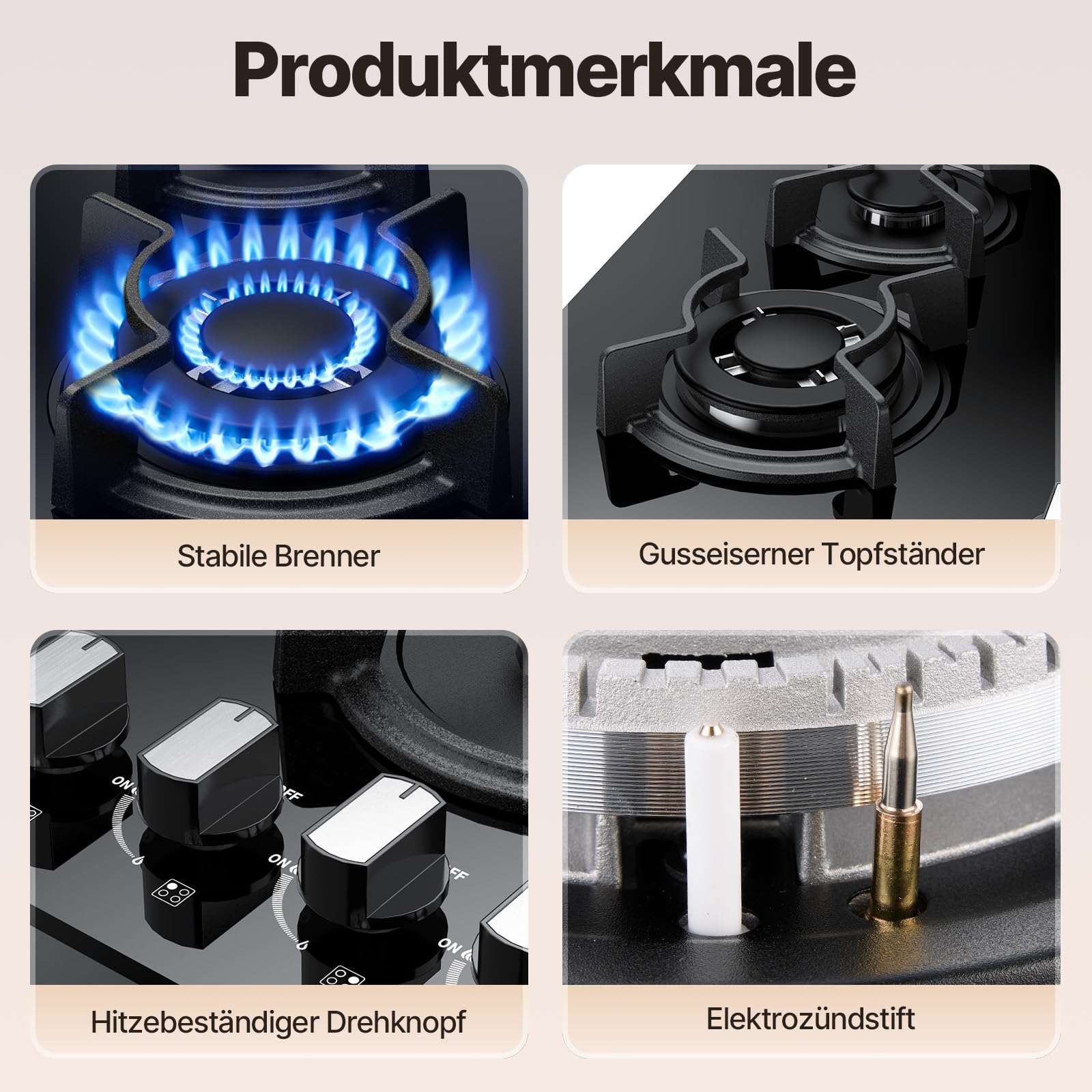 WEHIMO Gaskochfeld 4 Flammig, Glas Einbau-Gaskochfeld, 59cm, 7800W, für Propangas und Erdgas, Schwarz