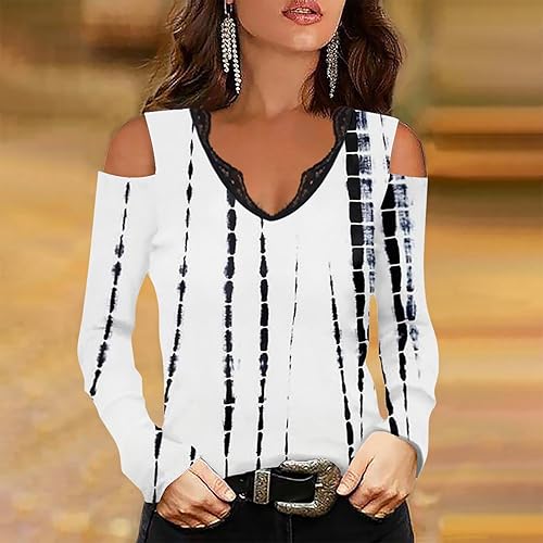 Miniatura 3 de Camisa de manga larga para mujer, con estampado floral de otoño, sexy, con cuello en V, hombros descubiertos, casual, para salir, 2-BLANCO