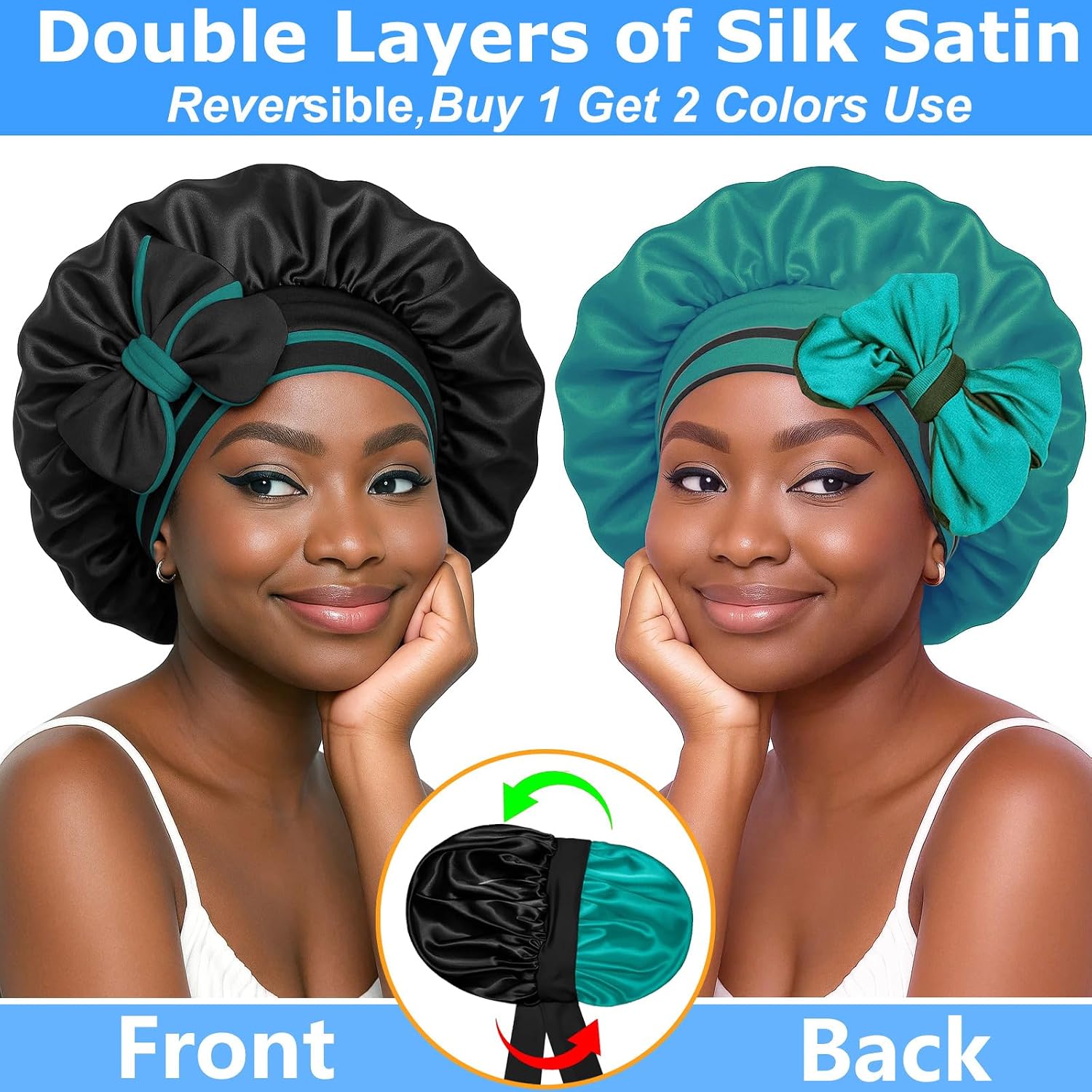 Reversible Silk Bonnet for Sleeping Women - Double Layer & Color Satin Bonnet, Adjustable Hair Cap for Curly & Textured Hair (Cyan Blue & Black)