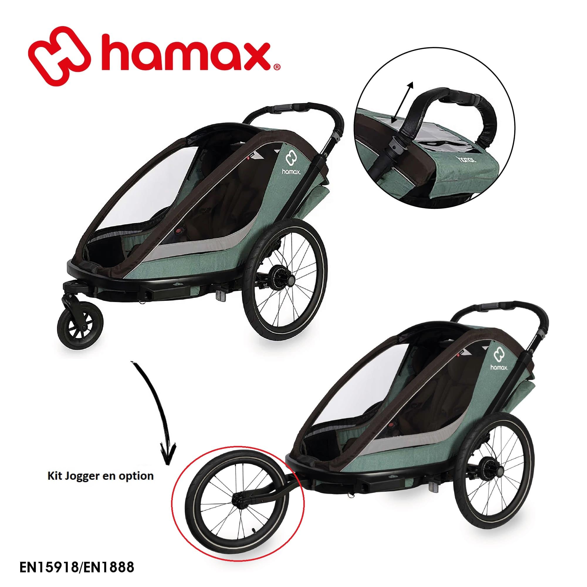 Hamax - Remorque Cocoon 2 Places - Sièges Inclinables - Grandes Fenêtres - Fixation Vélo ou Poussette - Cadre Aluminium Léger - Guidon Cuir Vegan - Suspension Ajustable