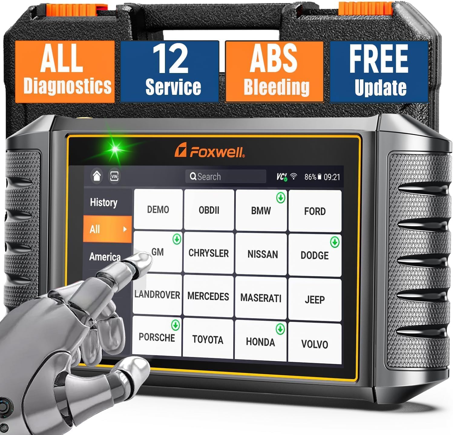 FOXWELL NT726 OBD2 Scanner with its protective case, displaying the main menu with various car brands.