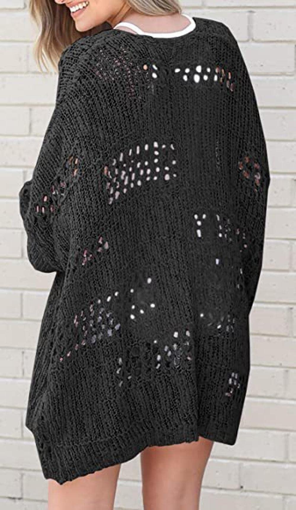 HGJH Pullover Damen, Damen-Strickpullover Vorne Offen Strickjacke V-Ausschnitt Strick Aushöhlen Kimono Volltonfarbe Mode Creme Strickjacke Weich Elegante Leichte Herbstjacke Für Lässiges Business