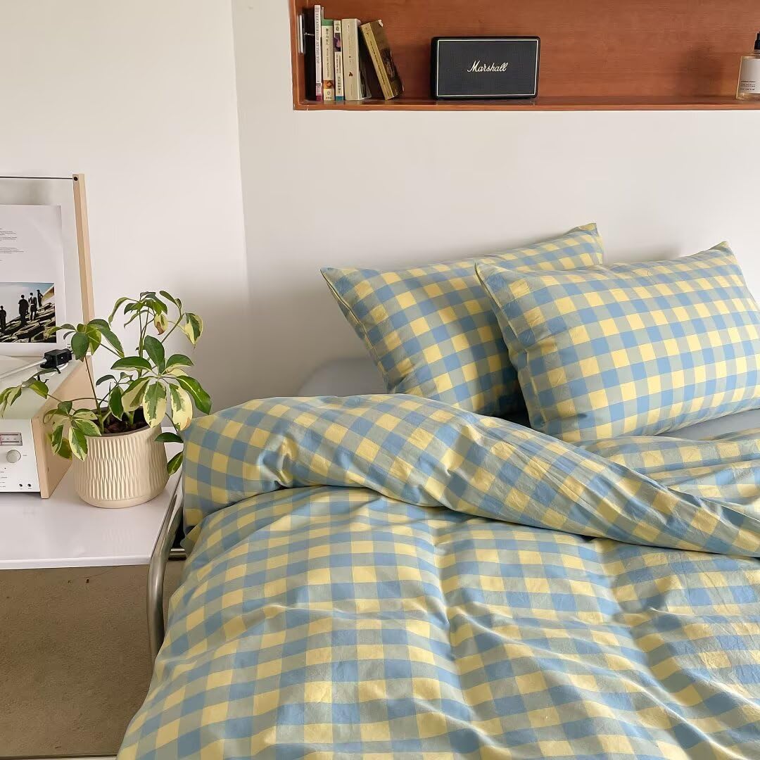 MKXI Reversible Blue Yellow Plaid Duvet Cover - 100% Washed Cotton 3pc Set, Vintage Checkered Comforter Cover for Coastal &amp; Retro Decor (King)