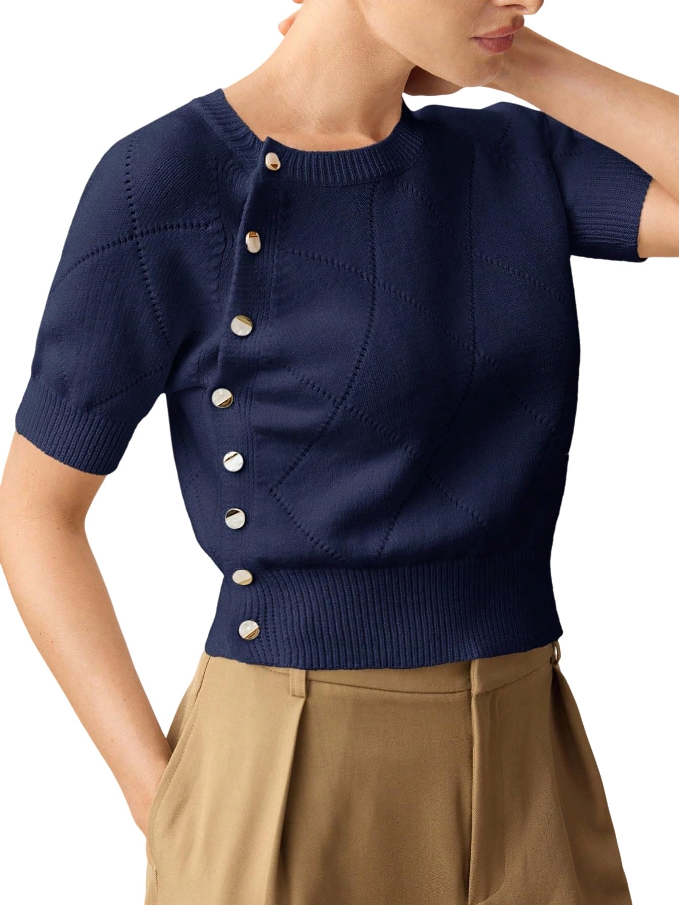 Women Sweater 2025 Trendy Round Neck Short Sleeve Single-Breasted Knit Top Business Casual Basic Blouse Outerwear