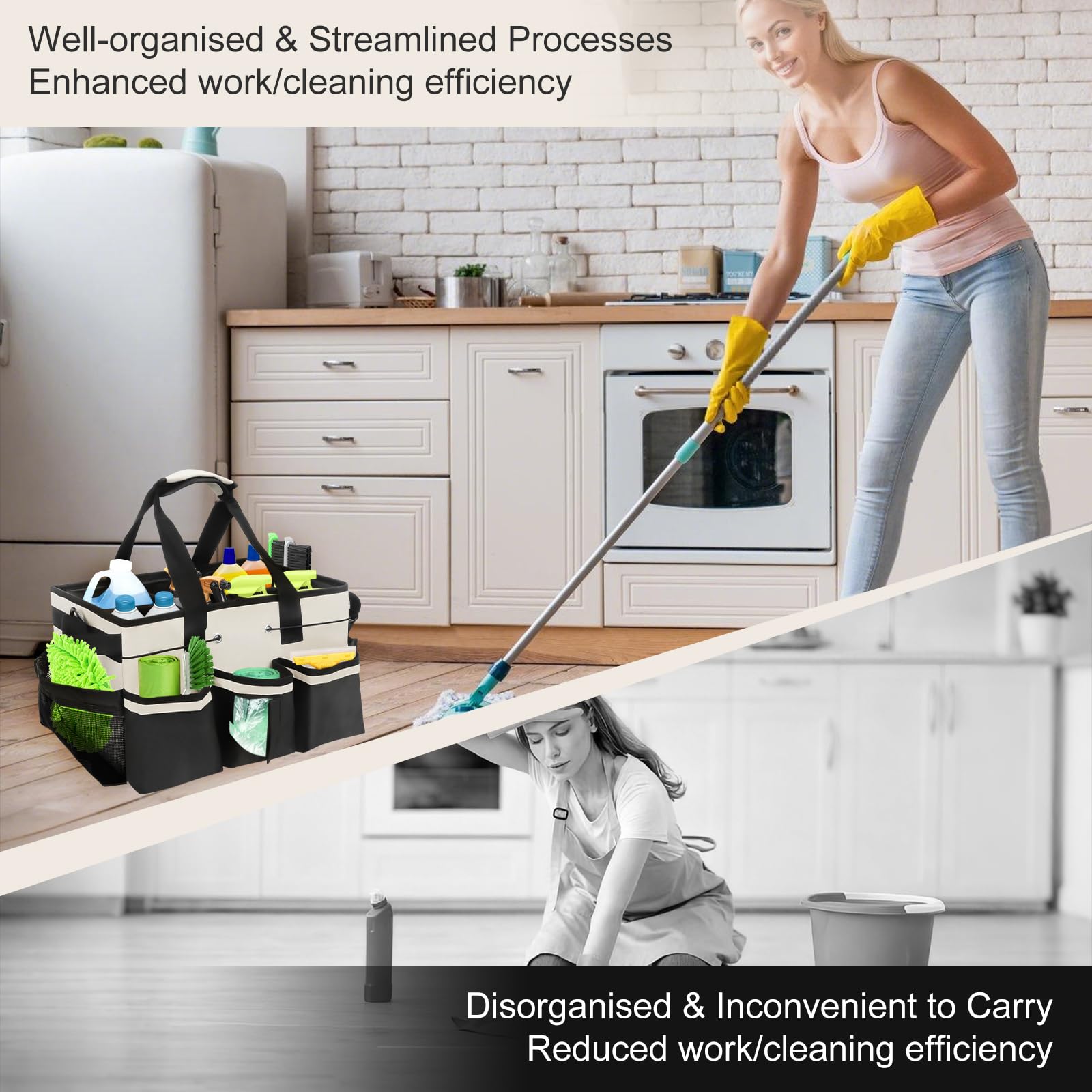 Qivine Indossabile Borsa per Pulizia, Grande Portatile Organizer Pulizia Caddy con Manico e divisorio Staccabile, Multifunzionale Borsa Portaoggetti Con 5 Scomparti per Casa Auto Giardino (Bianco)