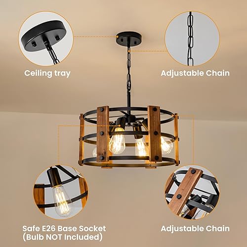 Miniatura 4 de Candelabro rústico de granja, lámpara colgante de 4 luces, altura ajustable, madera vintage marrón, iluminación colgante para entrada, isla de