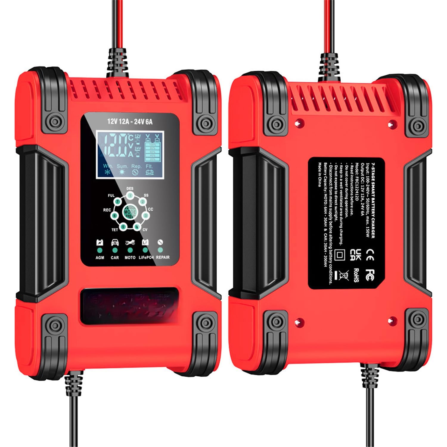 Cargador de batería 7 etapas con botón Pantalla Digital Grande protección múltiple y Modo reparación 100-240V para Coche SUV RV Motocicleta camión yate