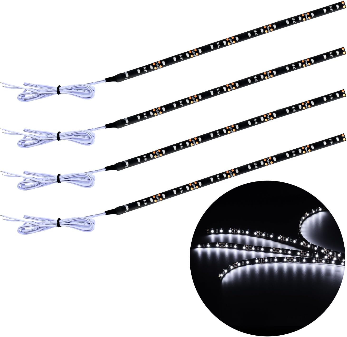 Pryeu LED Strip Lights 12V Cool White 6000K 11.8'' 30CM 18 x 3528 SMD Waterproof for Auto Cars Trucks Boats Motorcycle Interior Exterior Lighting Pack of 4 (Black PCB)