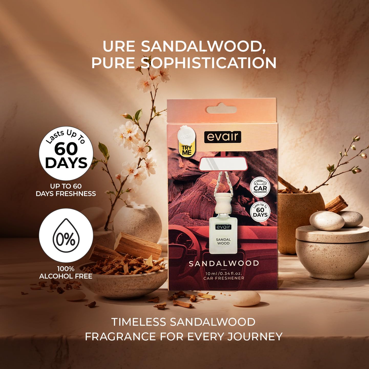 Evair SANDALWOOD Luxury Car Air Freshener | Essential Oil Hanging Car Perfume | Long Lasting Car Fragrance Diffuser | Premium Glass Bottle with Wooden Diffuser Hanging Pod | 10ml (Pack of 1) 4