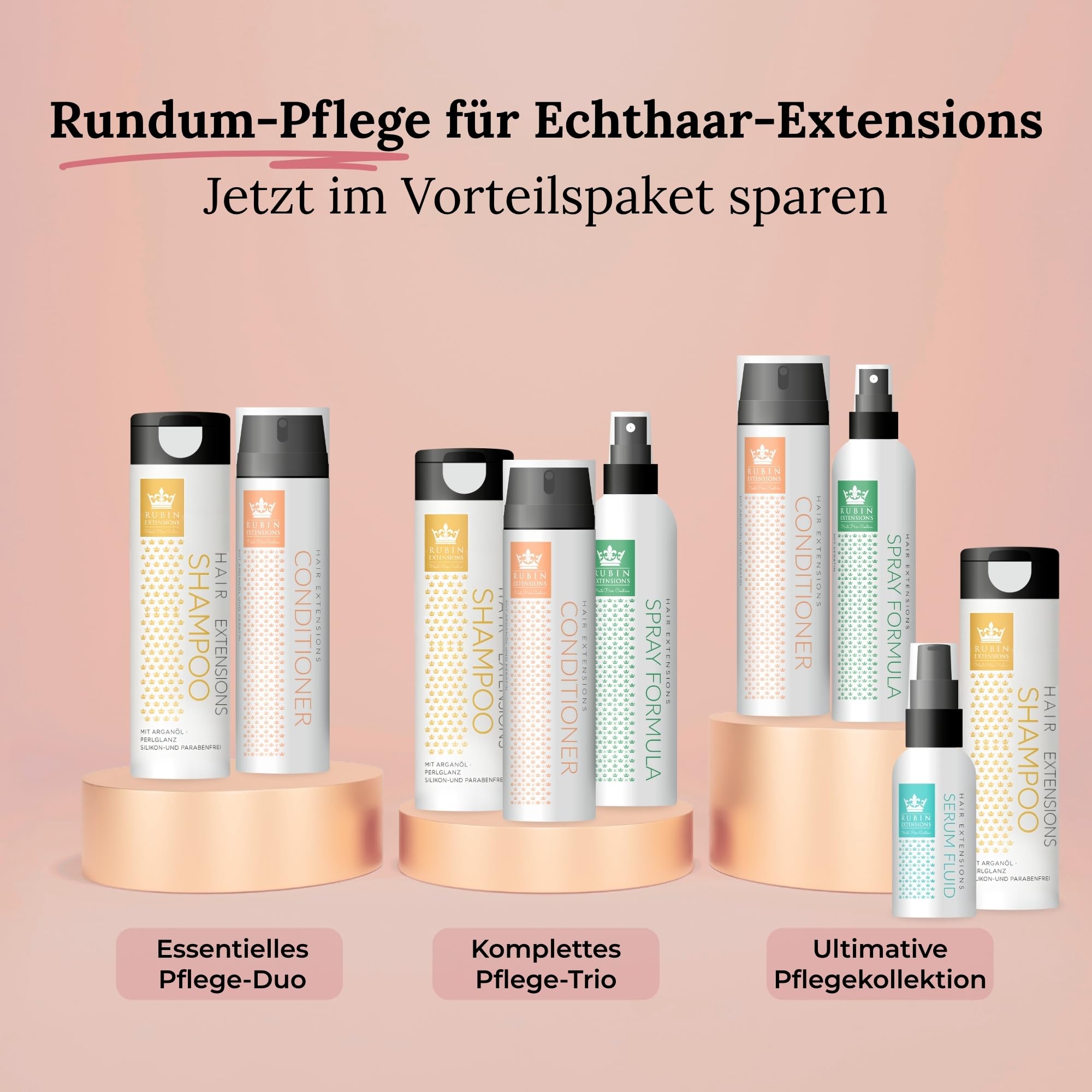 Rubin Extensions Komplett-Pflegeset – Conditioner 200 ml, Shampoo 250 ml, 2‑Phasen Spray 200 ml & Haarserum 50 ml – Extensions Pflege für Haarverlängerungen, Echthaar & Perücken – Sulfatfrei, Keratin