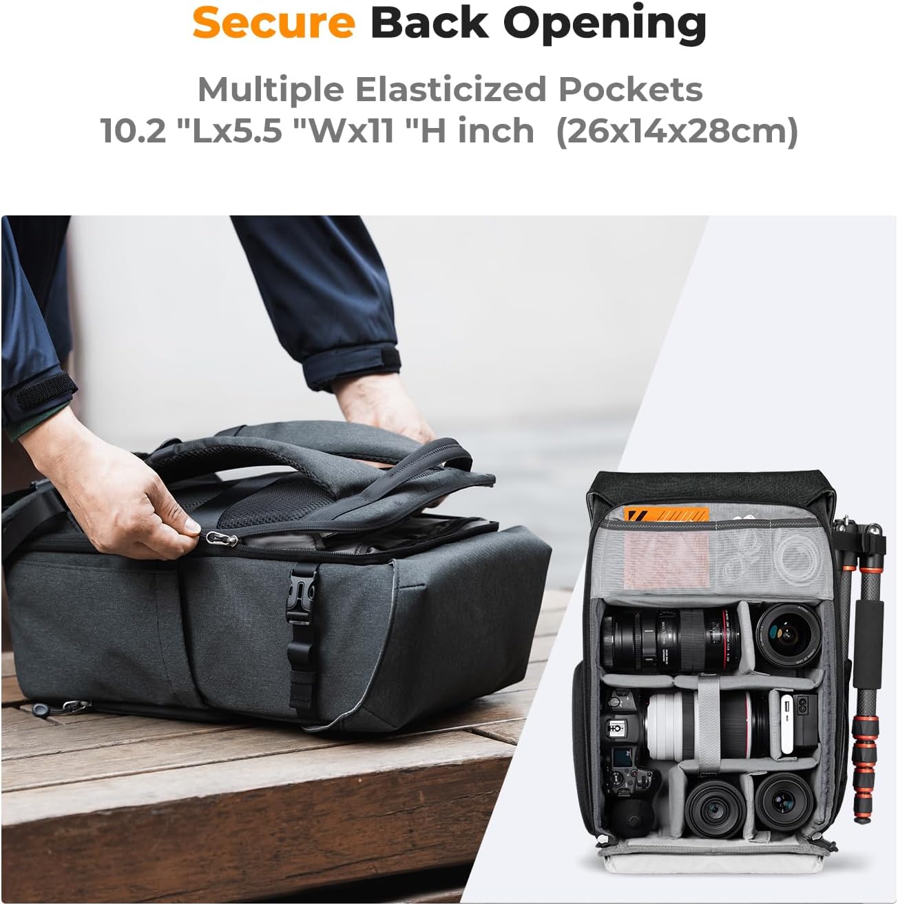 K&F CONCEPT Camera Backpacks for Photographers Travel Bag for Tripod Camera Lence Accessory with laptop compartment and Rain Cover Waterproof Multi-Functional Camera Bags for Dslr Cameras Black - Image 4