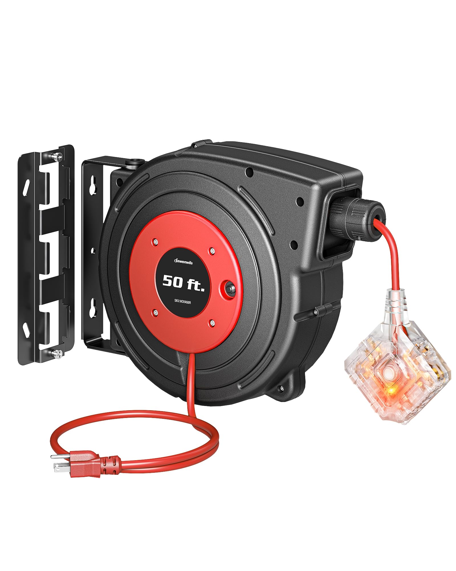 DEWENWILS 6 Grounded Outlets Extension Cord Reel, 50FT, ETL Listed, Red