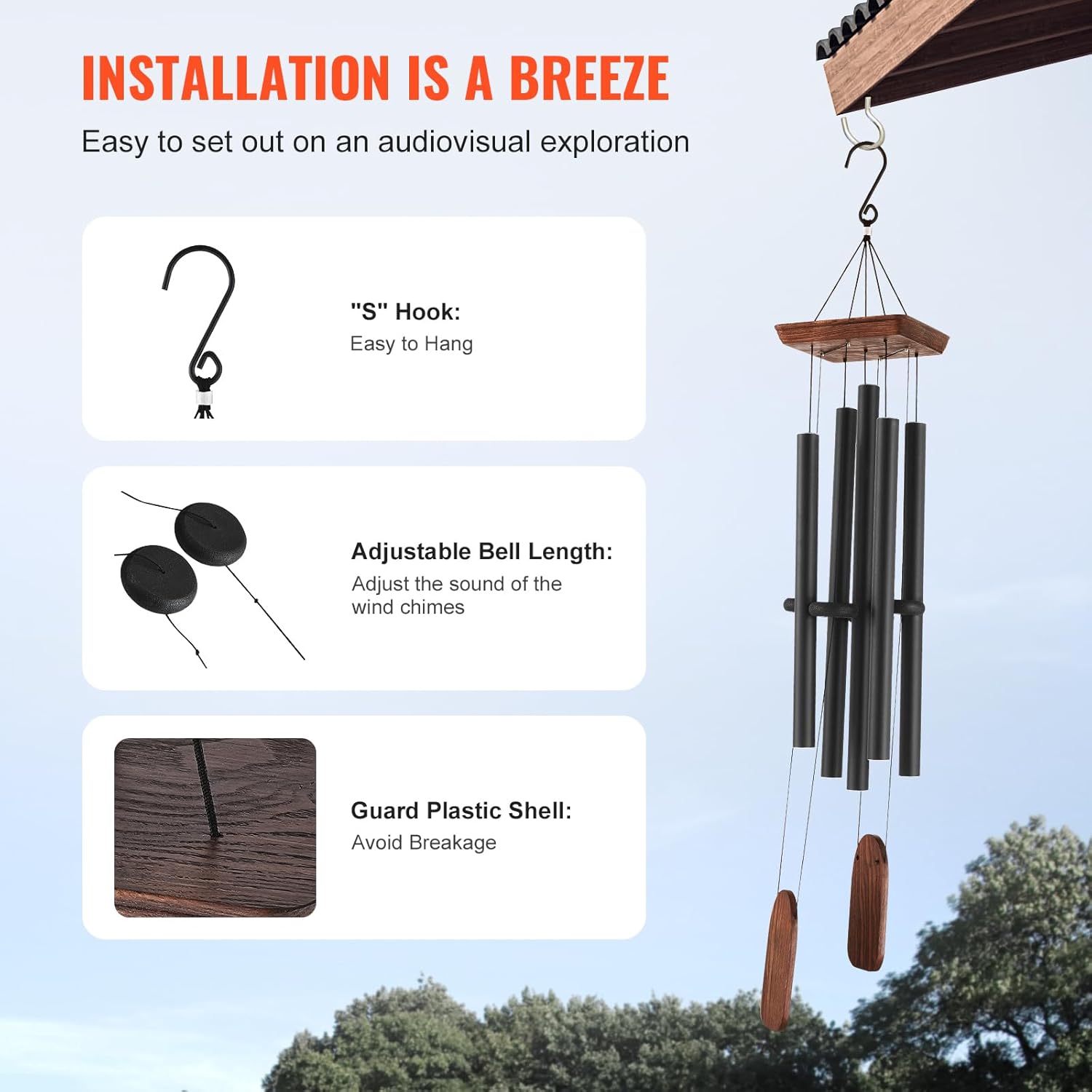 VEVOR 48" Deep Tone Wind Chimes – Large 5-Tube Memorial Wind Chimes, Hand-Tuned Aluminum Tubes, Black Outdoor Decor for Patio, Porch, Garden, for Anniversaries & Sympathy