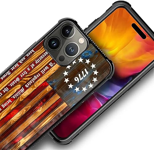 Vista 625 de Funda compatible con iPhone 13 Pro, diseño de patrón para iPhone 13 Pro, fundas para mujeres y niñas, Betsy Ross 13 estrellas de madera con bandera