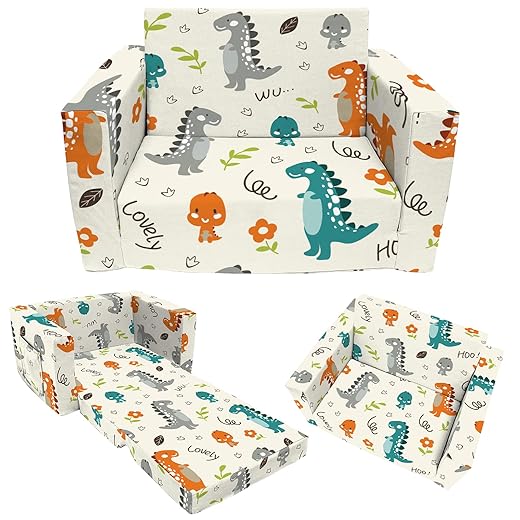 Hän Babos Kids Sofa Couch, Toddler Boys Girls 2-in-1 Convertible Sofa to Lounger, Comfy Flip-Out Couch/Sleeper Bed, Dinosaur Theme Toddler Couch Chair