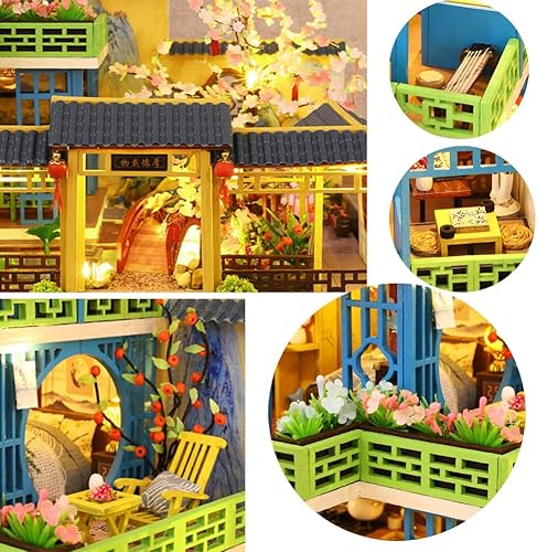 Miniatura 5 de Casa de muñecas de estilo chino en miniatura de tres pisos, muebles de madera, kit de casa de muñecas DIY con sala creativa LED, regalo para adultos