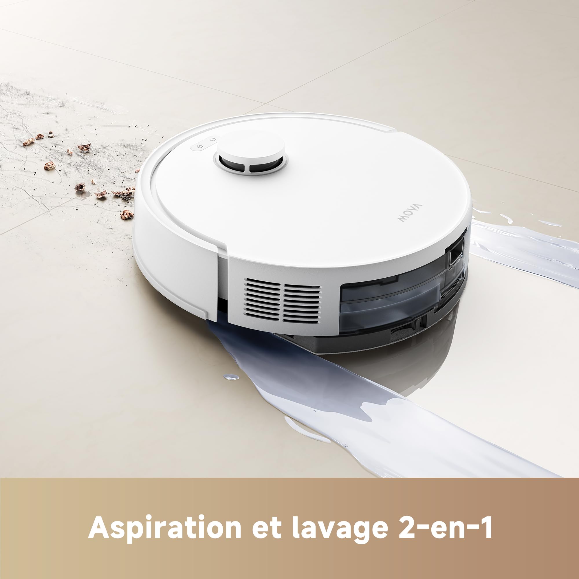 Mova E20 Plus Robot aspirateur Laveur avec Vidage Automatique, Auto-vidangeable Pendant 90 Jours, Navigation LDS, Puissance d'aspiration de 5 000 Pa, Aspirateur et Mop 2-en-1, Corps Compact