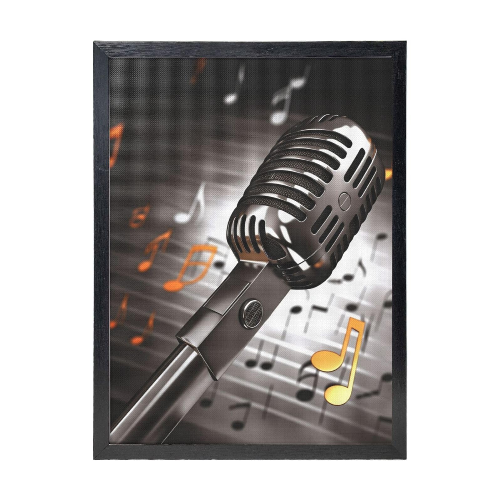 Framed Wall Art - Decorative Canvas Painting Microphone with Music Notes Pictures Poster Aesthetic Modern Prints Artwork for Bedroom Office Wall Decor Ready To Hang 12x16 in