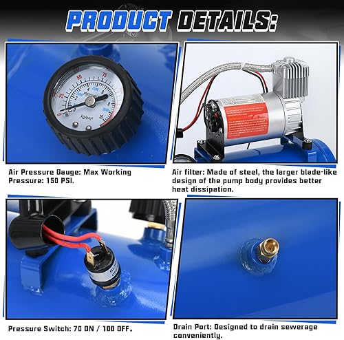 Miniatura 3 de PTNHZ Bomba de tanque de compresor de aire DC 12V MAX 150PSI w6 litros 1.6 galones tanque para tren, camión, barco, camioneta, autocaravana, bomba