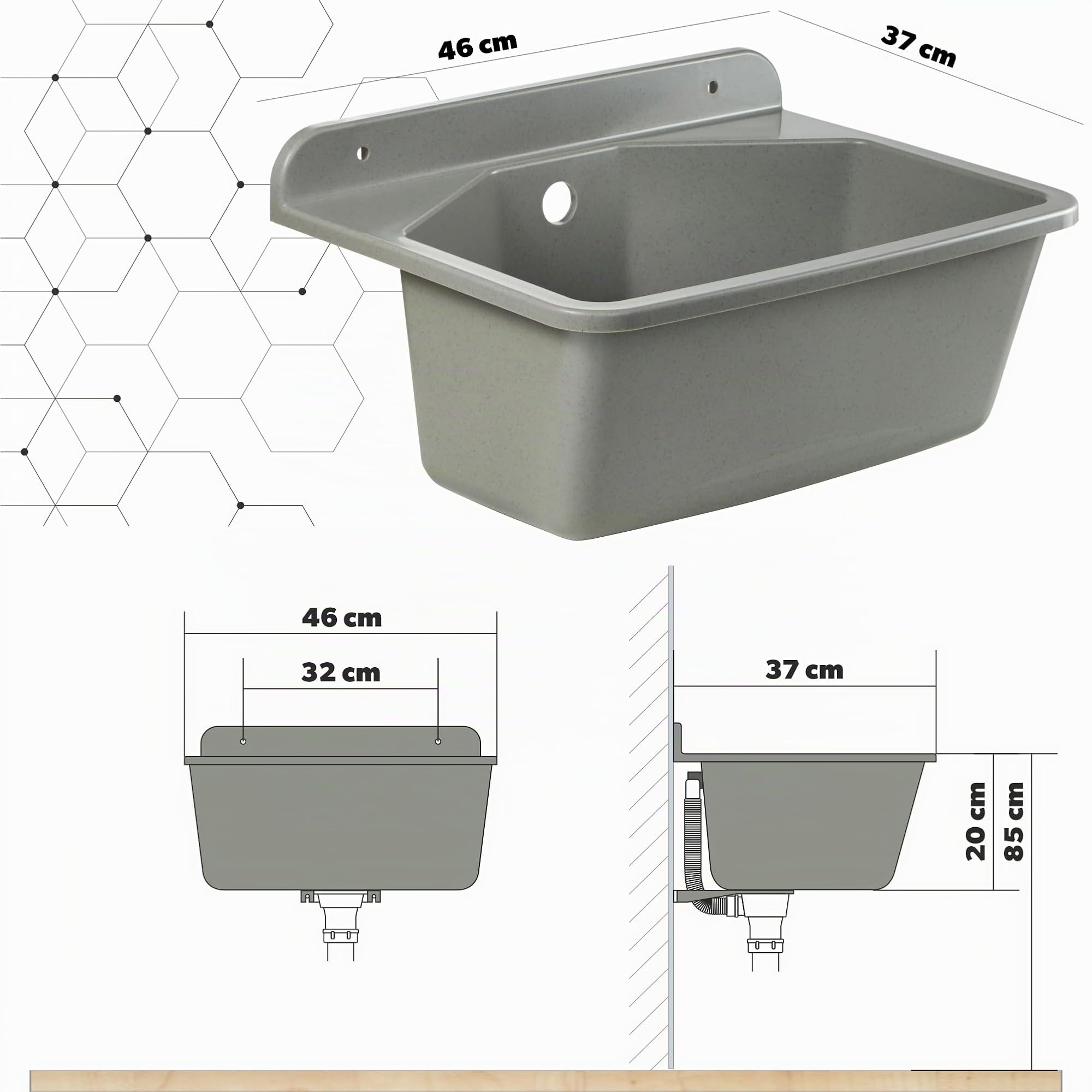 KADAX Bassin utilitaire gospo avec siphon, 46 x 37 x 20 cm, lavabo en plastique, pour lavage garage, sous-sol, buanderie, atelier, fixation murale, évier plat, accessoires inclus (gris)