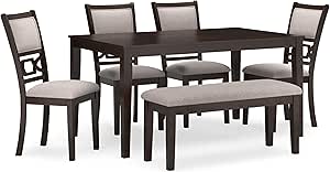 Signature Design by Ashley Langwest Transitional Diamond Patterned Dining Table with 4 Upholstered Chairs and Bench, Set of 6, Dark Brown &amp; Beige