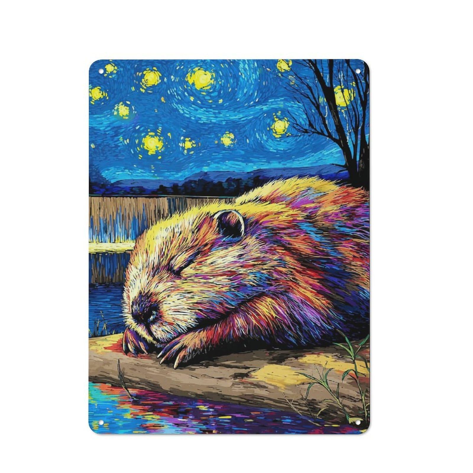 Junmoney Starry Night Beaver 40X30cm Vintage Tin Sign With For Hobby Room Or Studio, For Winter Interiors And Metal Sign Collectors