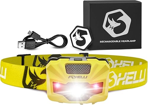Foxelli Linterna frontal LED recargable  Ultraligero, impermeable y recargable por USB con luz roja para correr, acampar, senderismo y al aire libre