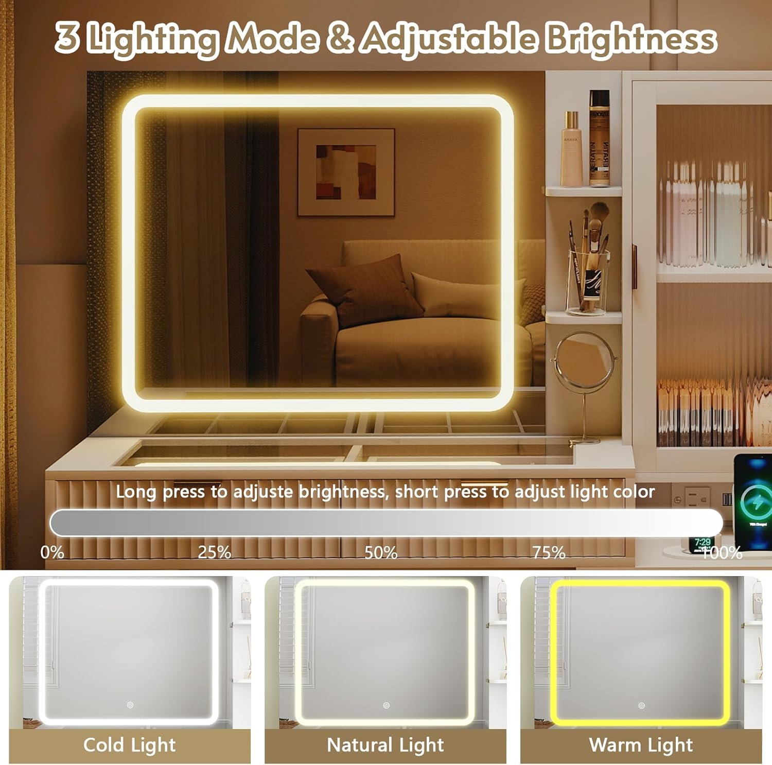 White Vanity Desk with Mirror and Lights, 49" Fluted Wood Makeup Vanity Table with Modern Glass Top, Charging Station, 5 Drawers, 2 Cabinet with Adjustable Shelves, Salon Station