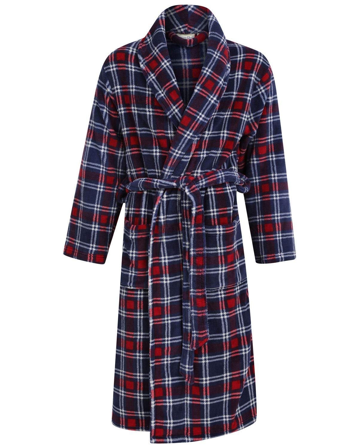 Walker Reid Men's Navy Check Coral Fleece Robe Wr66840 Xl