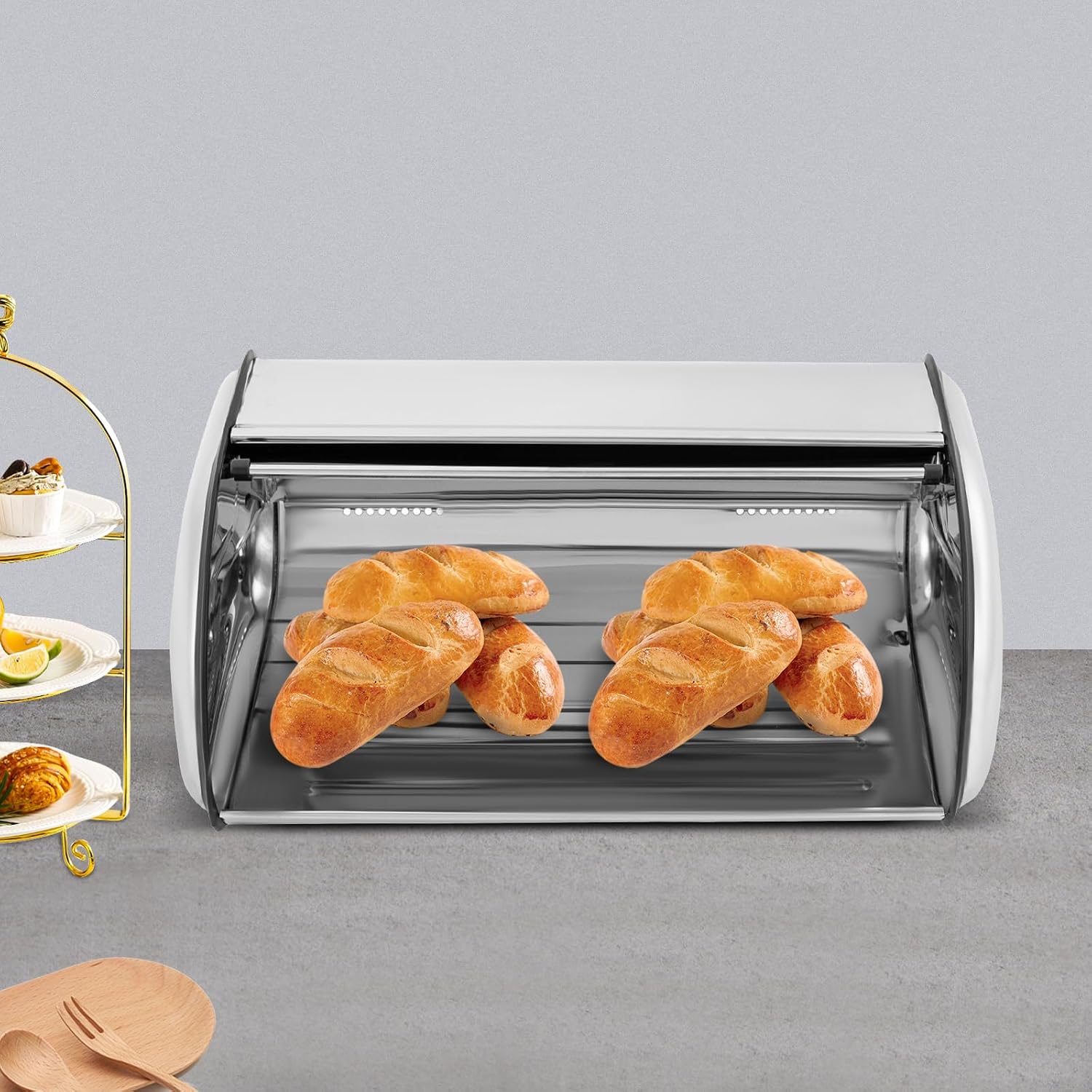 Stainless Steel Bread Box, 17.1" Large Capacity Bread Bin with Ventilation Holes, Modern Metal Bread Storage Container for Kitchen Countertop - Home & Commercial Use