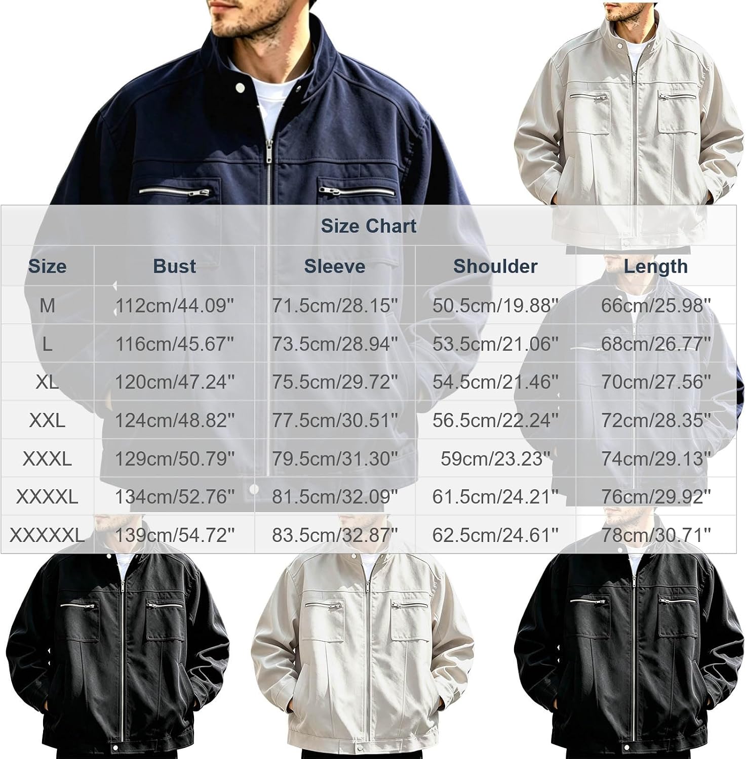 Mens Utility Jacket Stand Collar Zip Chest Pockets Casual Coat
