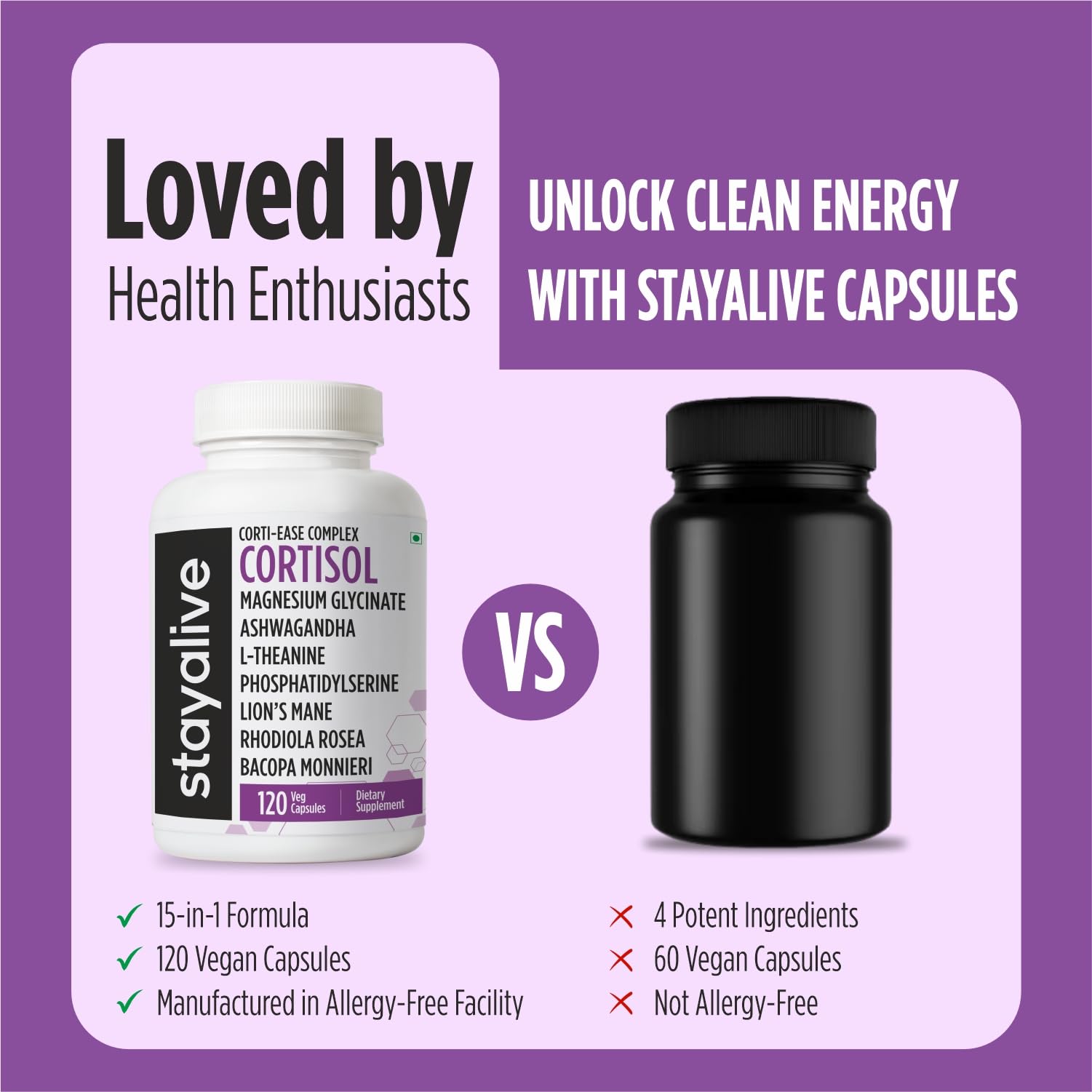 STAY ALIVE Cortisol Manager Supplement 15-in-1 Complex w/L-Theanine, Ashwagandha, Magnesium Glycinate, Phosphatidylserine and more, 120 Veg Capsules, Non-GMO & Gluten-Free Formula for Women and Men 3