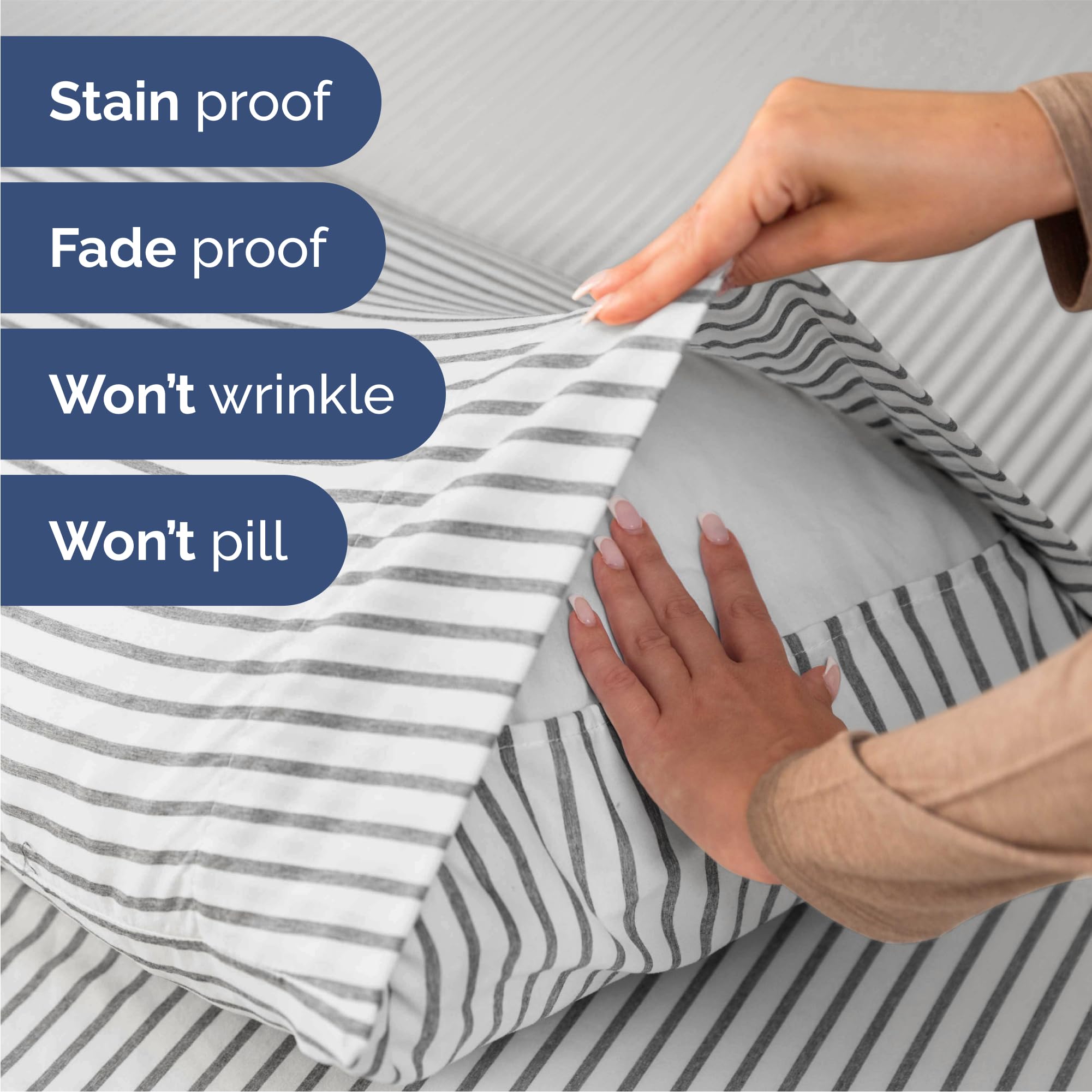 Queen Size 4 Piece Sheet Set - Comfy Breathable & Cooling Sheets - Hotel Luxury Bed Sheets for Women & Men - Deep Pockets, Microfiber, Soft & Wrinkle Free Sheets - Grey Stripes Oeko-Tex Bed Sheet Set