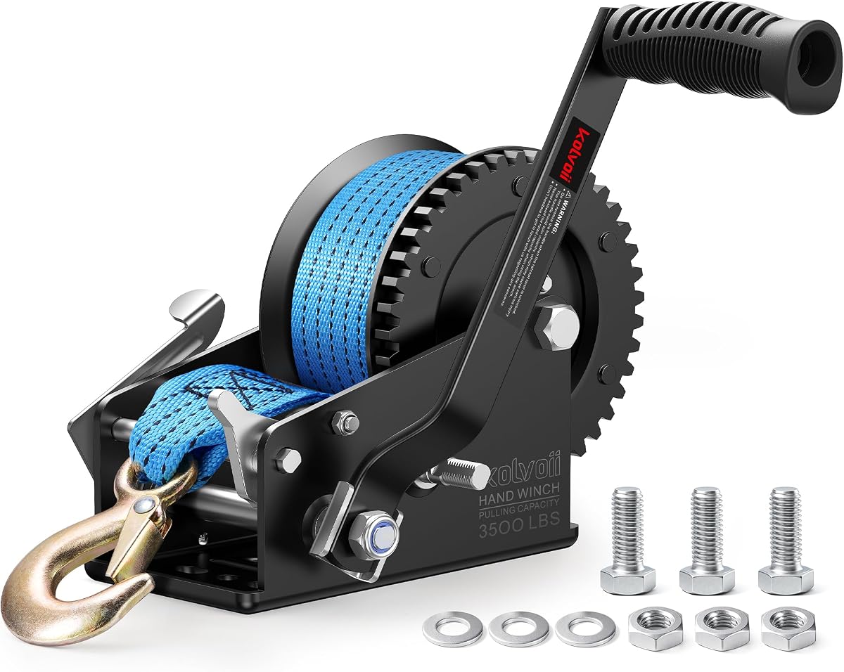 Kolvoii Cabrestante para remolque de barco de 3500 lb, correa de 33 pies, 2 velocidades 4:1/8:1, azul | Correa de poliéster; Trinquete bidireccional; Engranajes de acero con alto contenido de carbono de 8 mm; Acabado Galvanizado; Remolque de barcos y carga marina
