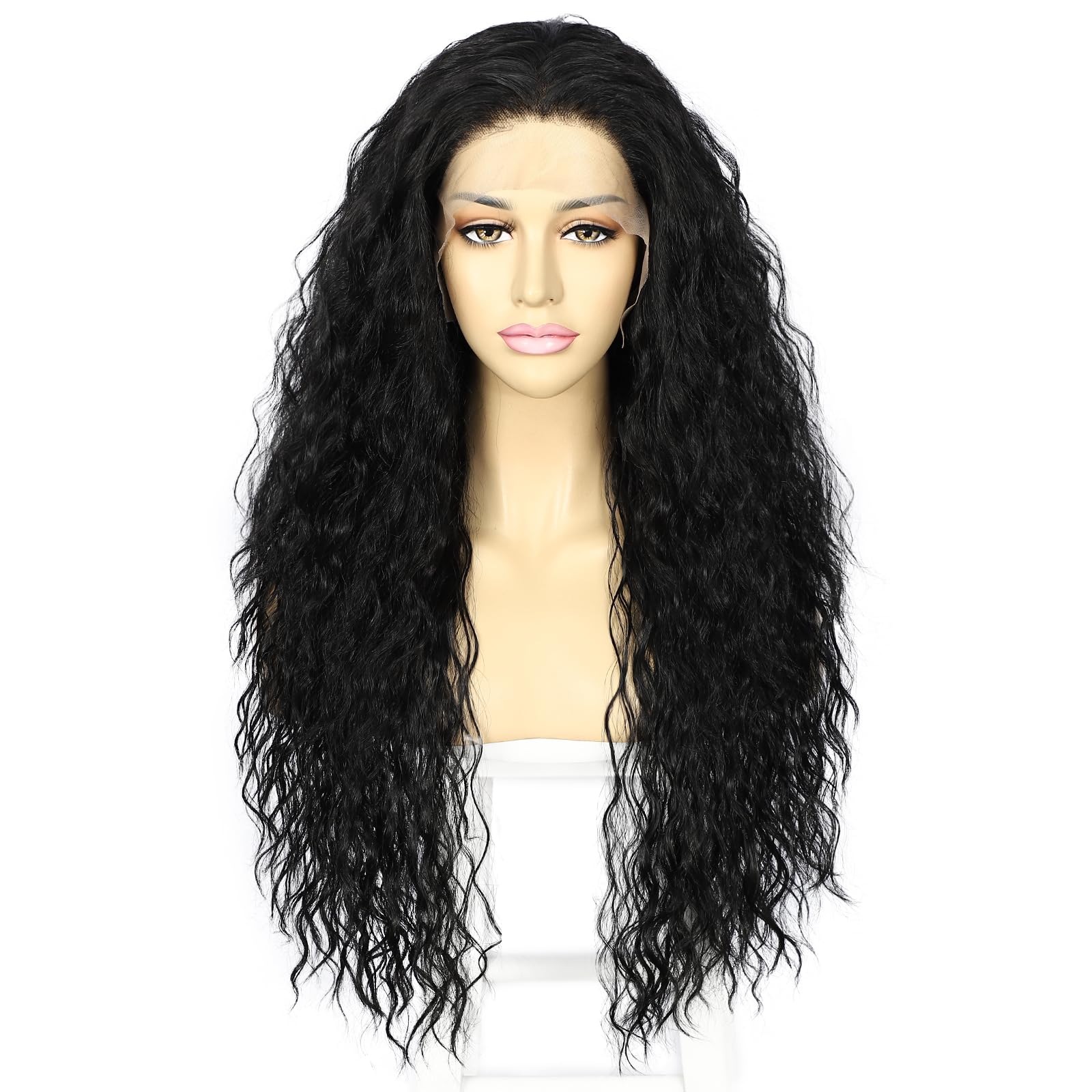 Sapphirewigs Parrucca sintetica riccia nera con pizzo frontale, parrucche ricce da donna, 33 x 2,5 cm, per uso quotidiano, feste, Halloween, resistente al calore, 61 cm