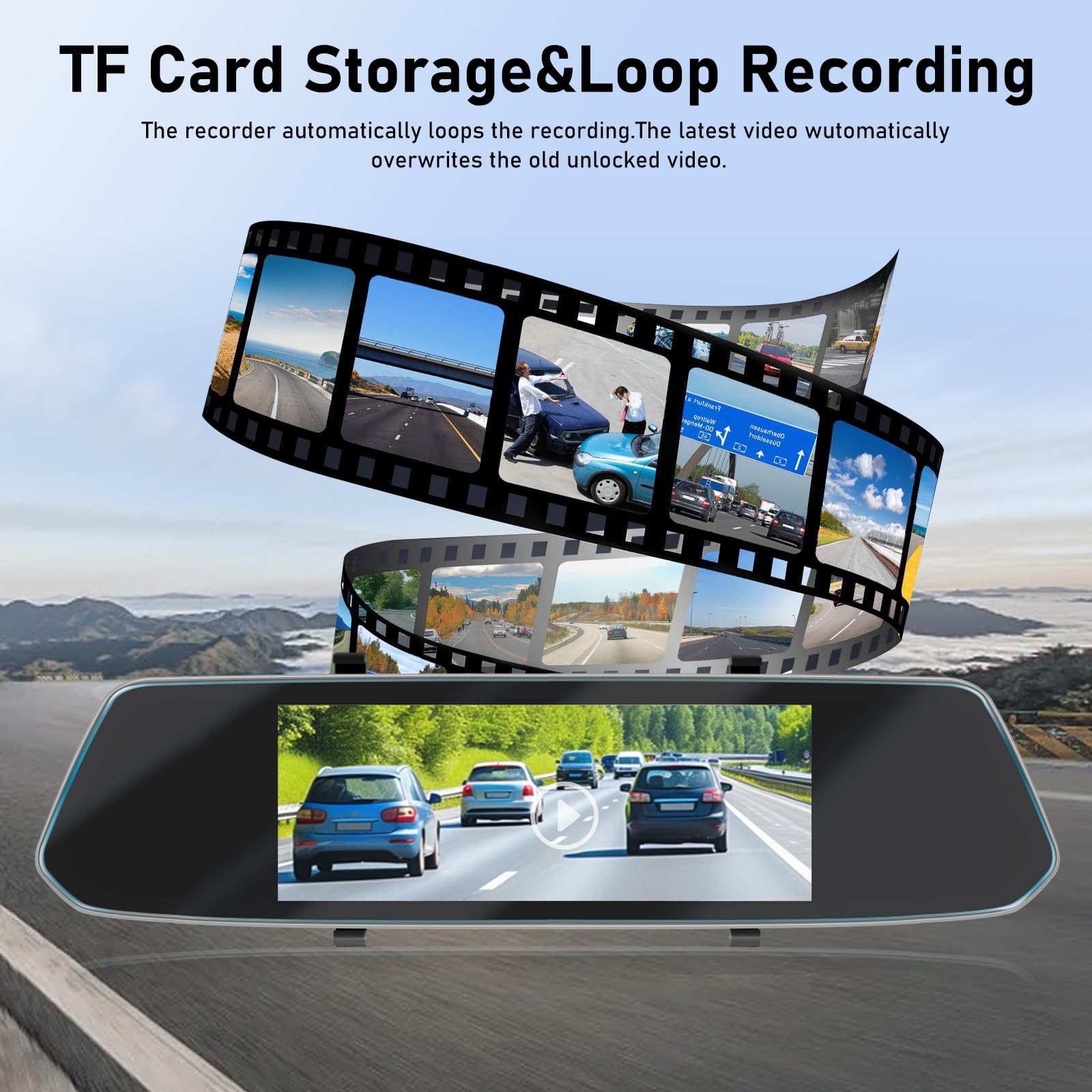 Telecamera per specchietto retrovisore con scheda TF da 64G, touch screen da 7 pollici/registrazione loop/Night Vision/G-Sensor/24-Hour Motion Detection/Parking Assistance + telecamera di backup