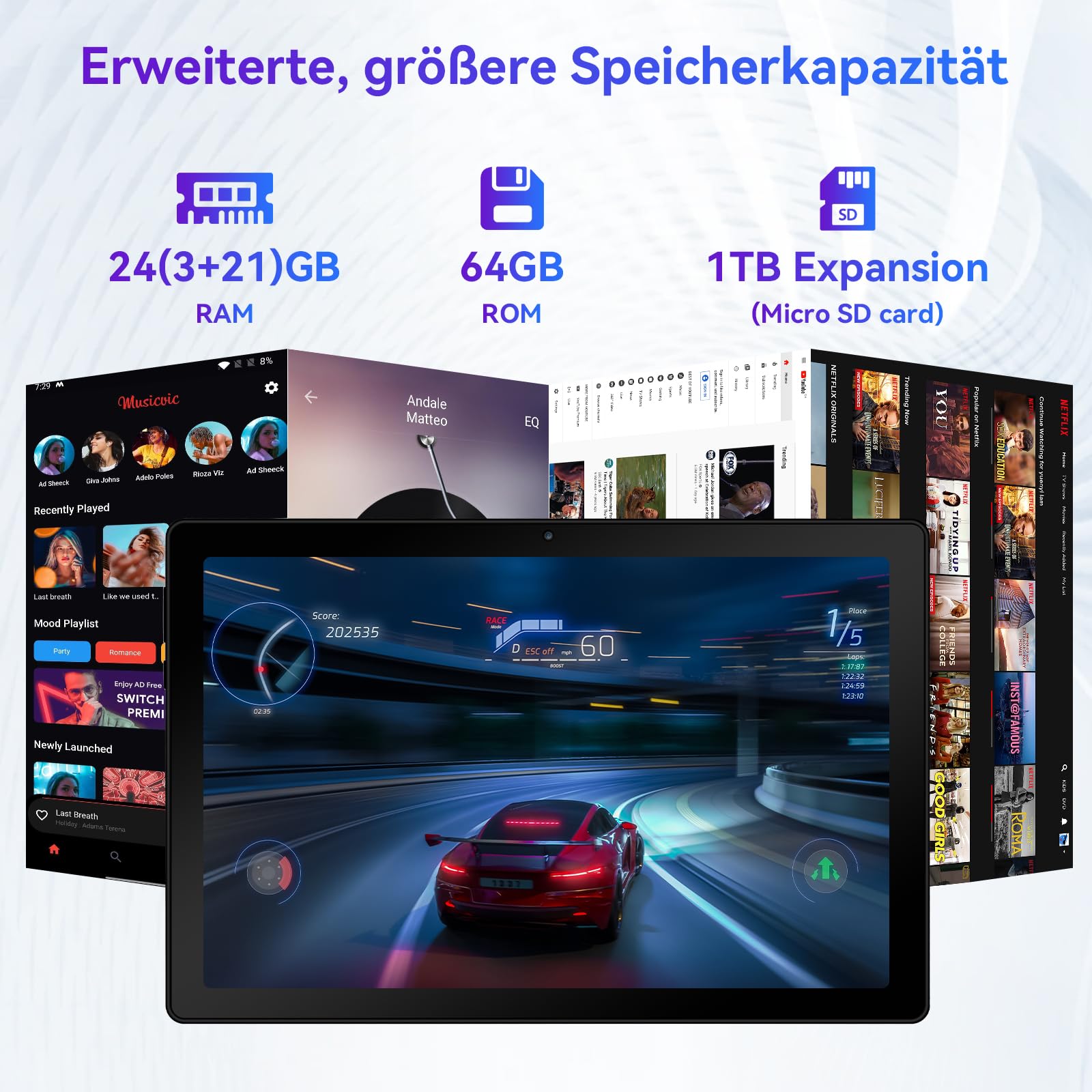 Android 16 Tablet, 10.1 Zoll Tablet, 24GB RAM+64GB ROM+1TB erweiterbar, Android-Tablet mit Bluetooth 5.4, WiFi 6, Dual-Kamera, 6000mAh, Face ID, Widevine L1 (Schwarz)