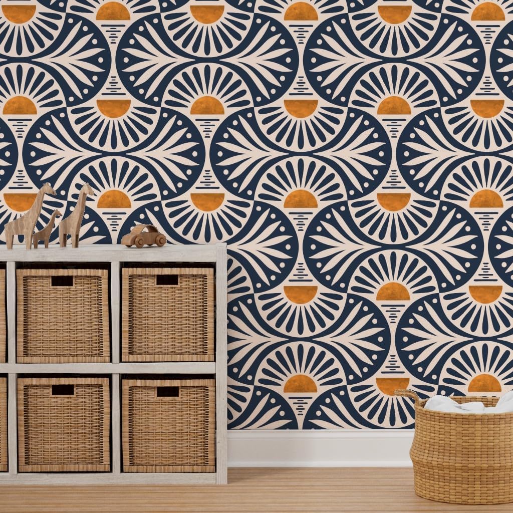 Spoonflower Removable Wallpaper 3ft x 2ft - Art Deco Boho Sunset Leaves Gold Geometric Navy Sun Custom Pre-Pasted Wallpaper