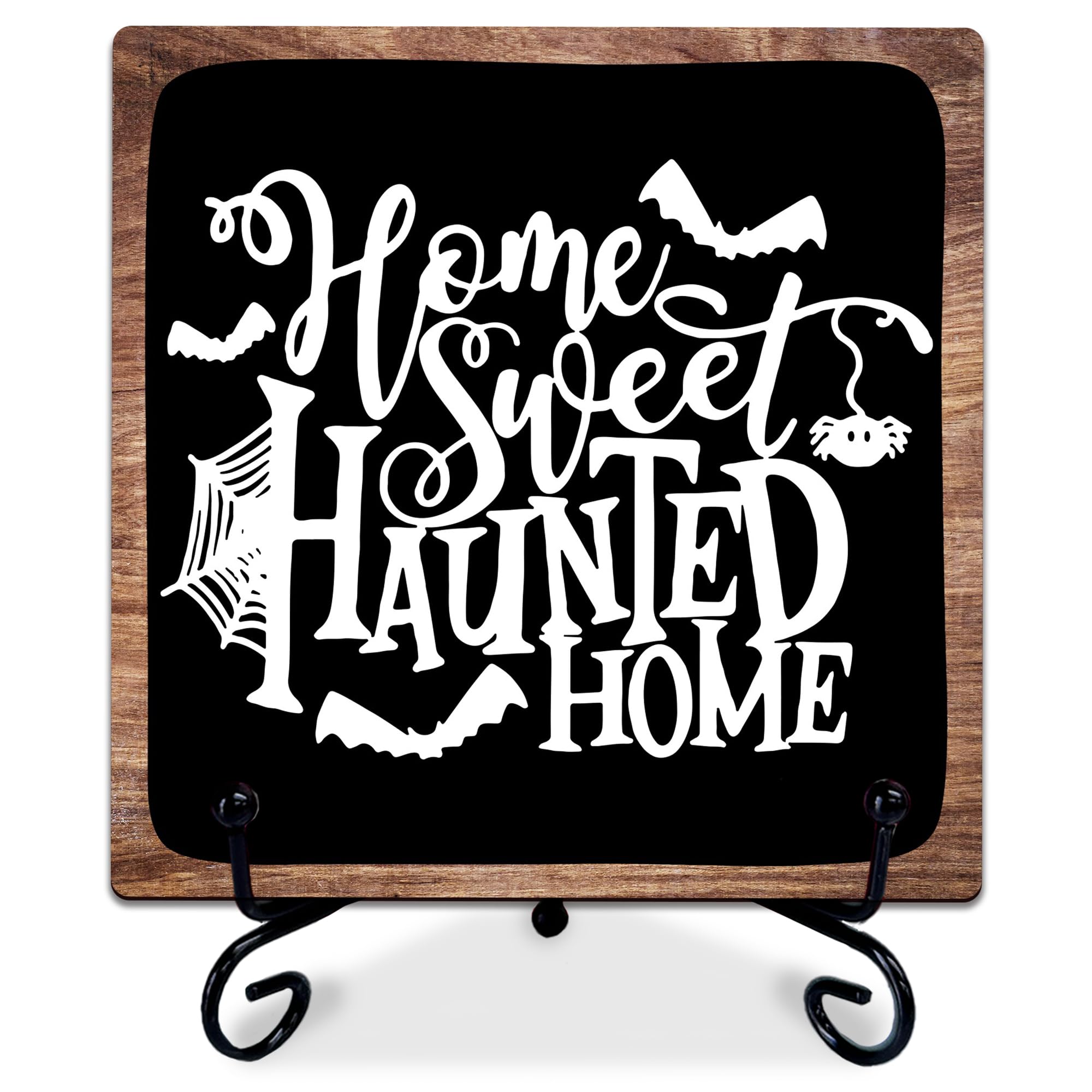 Halloween Wooden Sign with Metal Stand - Home Sweet Haunted Home - 5 Inch Bats Black Wooden Plaque - Halloween Party Decoration & Supplies for Haunted