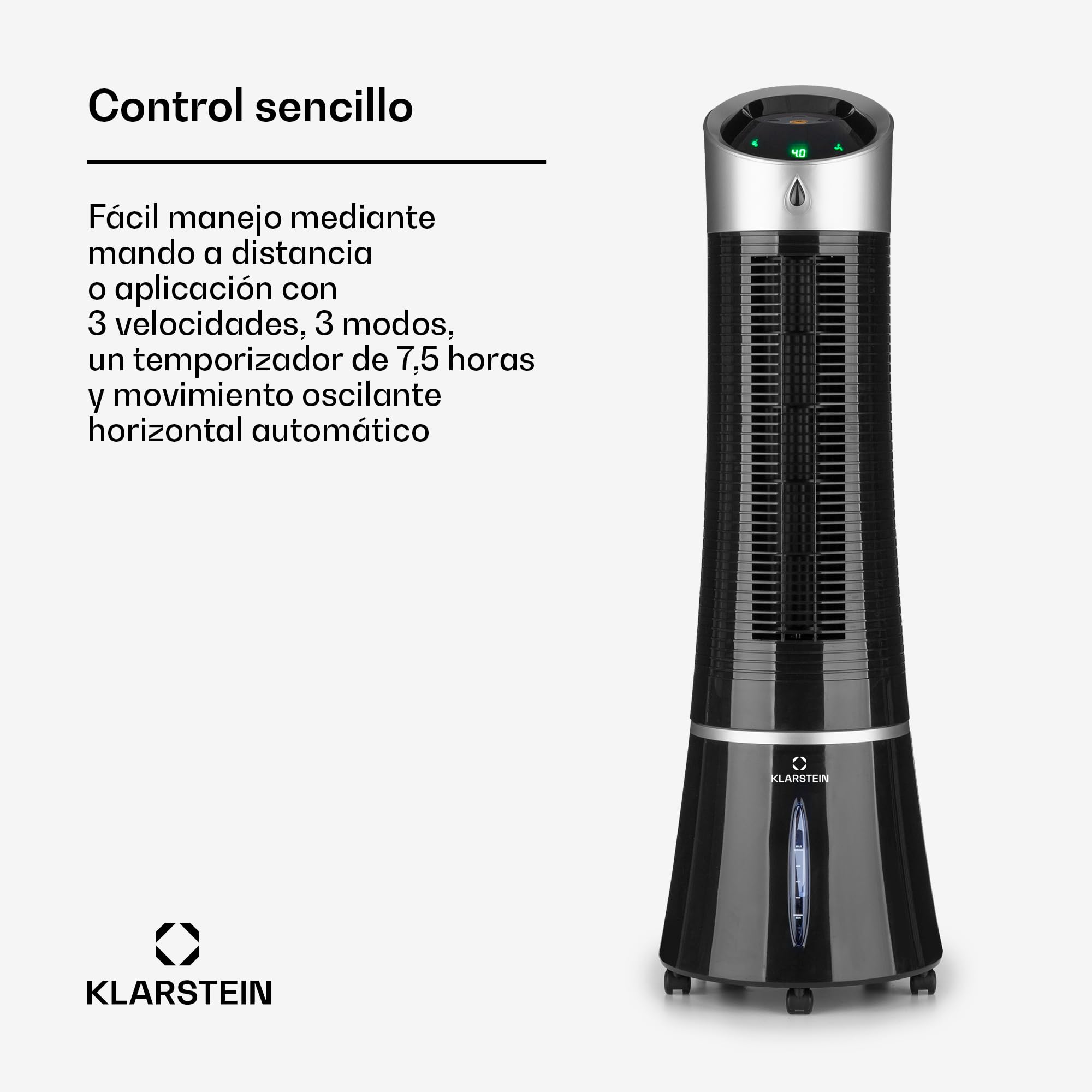 Klarstein Skyscraper Ice Smart Climatizador Evaporativo – 4 en 1: Ventilador, Enfriador, Purificador & Humidificador, 180 m³/h, Control App & Alexa, Depósito 6L, Oscilación, Ionizador, Negro