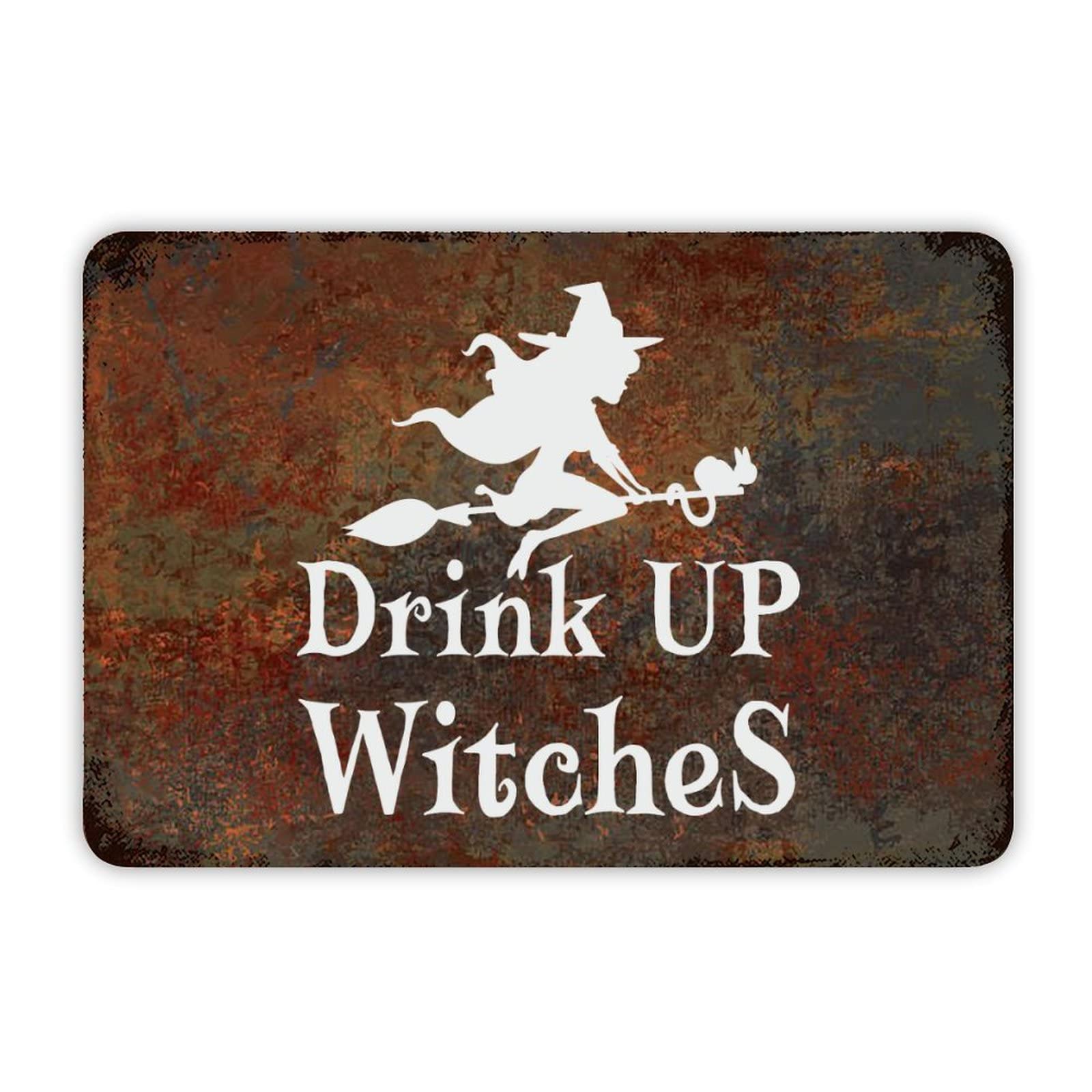 ENEDNATE Halloween Metal Sign,Farmhouse Rustic Aluminum Sign Drink Up Witch Metal Sign Retro Aluminum Tin Sign for Kitchen Bedroom Living Room Wall Art Door Hanger Home Decor Sign 8x12 Inch